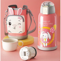 Bình Giữ Nhiệt Cho Trẻ em - Có Ống Hút, 2 Nắp Tiện Lợi, Chất Liệu Thép Không Gỉ inox 304 Cao Cấp, An Toàn Tuyệt Đối, Dung Tích 550ml - Tặng lọ tinh dầu thiên nhiên 10ml - Thỏ Hồng