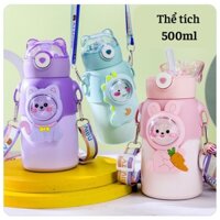Bình giữ nhiệt có ống hút cho bé đi học, bình đựng nước có dây đeo, bình nước giữ nhiệt 500ml