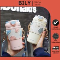 Bình giữ nhiệt có ống hút, ly nước giữ nhiệt 450ml inox 304 3 lớp an toàn cho sức khỏe tặng 2 tấm sticker