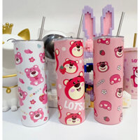 Bình Giữ Nhiệt Gấu Dâu 600ML Cao , Nắp Trong Có Kèm Ống Hút Inox , Bình Gấu Dâu Cute Đáng Yêu