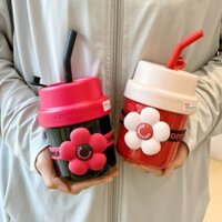 Bình giữ nhiệt hoa dễ thương 400ml cốc nước dung tích lớn cầm tay ống hút cà phê