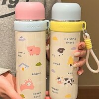 Bình Giữ Nhiệt Họa Tiết Hoạt Hình Dễ Thương Dung Tích 350-500ml Bằng Thép Không Gỉ Kèm Dây Cầm Tiện Lợi