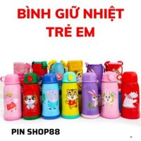 BÌNH GIỮ NHIỆT INOX 304 dành cho TRẺ EM - Có túi vải, ống hút - In hình thú ngộ nghĩnh, 3 nắp đa năng [550ML]