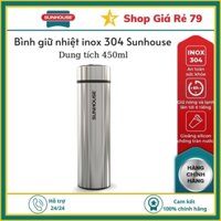 Bình giữ nhiệt inox 304 Sunhouse 450ml KS-TU450I, cấu tạo 2 lớp inox, cách nhiệt tốt, giữ nhiệt lâu tới 6h