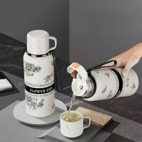 Bình Giữ Nhiệt Kèm Cốc Hình Hoa Mẫu Đơn Bằng Thép Không Gỉ 316 (Có Lưới Lọc Trà)