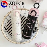 Bình giữ nhiệt màu hồng đen ZGECB, Nắp nảy Chai nước giữ nhiệt 500ml, Thép không gỉ Kawaii Kín Tay cầm vòng có thể gập lại Cốc giữ nhiệt sinh viên