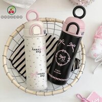 Bình giữ nhiệt màu hồng đen ERZAP, Nắp nảy Chai nước giữ nhiệt 500ml, Cốc cách nhiệt bằng thép không gỉ kín Tay cầm vòng có thể gập lại Cốc giữ nhiệt sinh viên