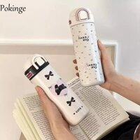 Bình giữ nhiệt màu hồng đen POKINGE, Bình nước giữ nhiệt có thể gập lại bằng thép không gỉ, Bình giữ nhiệt cách nhiệt 500ml Nắp nảy Bình giữ nhiệt chống rò rỉ