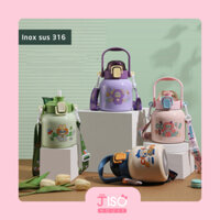 Bình Giữ Nhiệt Màu Pastel Nút Bấm Hoạ Tiết Hoạt Hình Kèm Dây Đeo Dung Tích Lớn 680ml - JISO HOUSE