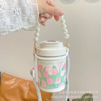 Bình giữ nhiệt nữ thời trang, quai xách chuỗi ngọc đà, inox 316 cao cấp, dung tic lh 400ml