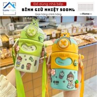Bình Giữ Nhiệt Trẻ Em Dung Tích 500ml Có Dây Và Khóa Chữ X, Bình Nước Đi Học Cho Bé Siêu Dễ Thương