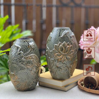 Bình Gốm Bát Tràng Cắm Hoa Vân Nổi Họa Tiết Cá Chép & Hoa Sen - Bình Cắm Hoa Men Lam Chảy Vintage - Lọ Cắm Hoa Trang TrÍ