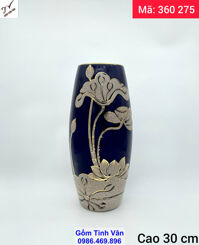 Bình gốm phong thủy hoa sen xanh lam truyền thống vẽ vàng 24k , mã 360275, cao 30 ngang 14 cm, gốm sứ bát tràng tinh vân