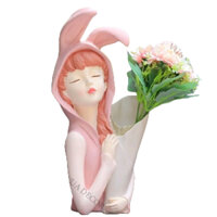 Bình hoa, chậu cây hình cô gái thỏ ôm bó hoa cao 35cm x 12cm