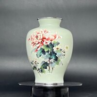 Bình hoa Cloisonne Shippo màu xanh pastel hoạ tiết hoa cúc đại đoá và cúc hoạ mi trắng