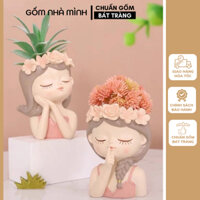 Bình hoa cô gái decor size mini xinh xắn, bình trồng sen đá để bàn, đựng bút, decor bàn trang điềm, bàn làm việc