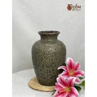 Bình Hoa Gốm Sứ Bát Tràng Dáng Vò Men Xanh Khắc Hoa Văn Nổi