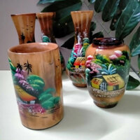 Bình hoa lá lan màu gỗ vẽ tay hình ảnh làng quê Việt Nam 11cm- quà tặng lưu niệm việt nam