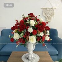 Bình Hoa Lụa Decor Trang Trí Phòng Khách Tân Cổ Điển , Kệ TiVi , Hoa Lụa Kết Hợp Bình Composite Sang Trọng