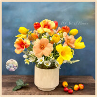 Bình hoa tulip vàng cắm tròn đều các mặt, hoa lụa cao cấp, hoa giả trang trí decor nhà cửa, quà tặng