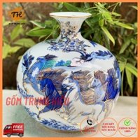 Bình hút tài lộc Bát Tràng vẽ vàng 24k tích Mã Đáo Thành Công cao 25cm - tặng kèm đế gỗ Hương
