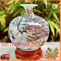 Bình hút tài lộc Bát Tràng vẽ vàng 24k tích Công Đào cao 25cm - tặng kèm đế gỗ Hương