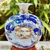 Bình hút tài lộc Bát Tràng vẽ vàng 24k tích Cá Chép Trông Trăng cao 30cm - tặng kèm đế gỗ Hương