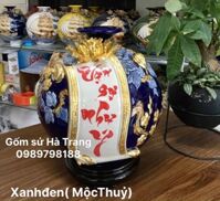 Bình hút tài lộc gốm sứ Bát Tràng cao cấp vạn sự như ý cao 21cm - Màu xanh đen
