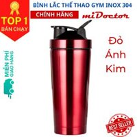 Bình lắc inox shaker tập gym, tập thể thao, có giữ nhiệt và quai xách  Kèm Bóng Lò Xo Lắc - Chính hãng miDoctor - Đỏ ánh kim