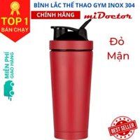 Bình lắc inox shaker tập gym, tập thể thao, có giữ nhiệt và quai xách  Kèm Bóng Lò Xo Lắc - Chính hãng miDoctor - Đỏ đô - RED