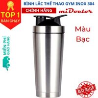 Bình lắc inox shaker tập gym, tập thể thao, có giữ nhiệt và quai xách  Kèm Bóng Lò Xo Lắc - Chính hãng miDoctor - Trắng Bạc - Silver