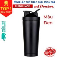 Bình lắc inox shaker tập gym, tập thể thao, có giữ nhiệt và quai xách  Kèm Bóng Lò Xo Lắc - Chính hãng miDoctor - Đen - Black