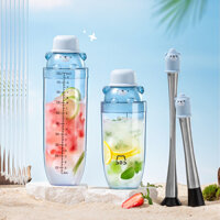 Bình lắc pha chế, bình shaker nhựa có chia vạch hình gấu màu xanh dương pastel