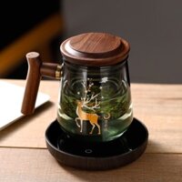 BÌNH, LY CỐC THỦY TINH PHA TRÀ CÓ LÕI LỌC VÀ NẮP ĐẬY HỌA TIẾT HẠC TIÊN, LÁ BỒ ĐỀ (DUNG TÍCH 500 ml)