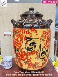 Bình ngâm rượu 30 lit, dáng bí, men vàng tài lộc hoa đào đỏ, gốm sứ bát tràng, tinh vân