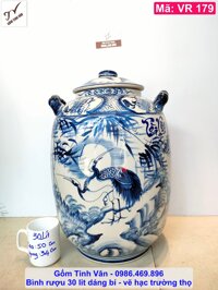 Bình ngâm rượu, chum sành dáng bí, mã VR179, dung tích 30 lit, cảnh hạc trường thọ, gốm bát tràng tinh vân