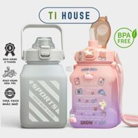 Bình nước 1,5lít tặng Sticker dành cho người lười uống nước Ti House bình nước cute 1,5L có ống hút, vạch chia nhắc giờ