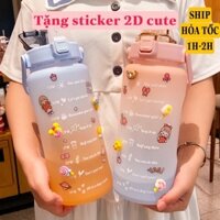 Bình nước 2 lít tặng kèm stiker, Bình uống nước 2 lít có ống hút vạch chia