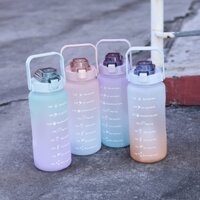 Bình nước 2 lít tặng Sticker dành cho người lười uống nước Fan House bình nước cute 2L có ống hút, vạch chia nhắc giờ