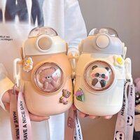 Bình nước cách nhiệt inox, bình giữ nhiệt trẻ em họa tiết dễ thương, cốc giữ nhiệt rơm cầm tay cho bé, chống rơi đặc biệ