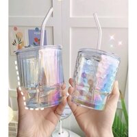 bình nước cầm tay thuỷ tinh màu hologram kèm ống hút