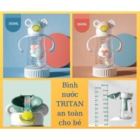 Bình nước cho bé có tay cầm, nhựa Tritan an toàn - dung tích 360 ml có chia vạch, ống hút silicone chống sặc chống tràn