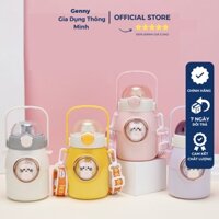 Bình nước cho bé đi học, có ống hút silicon, có dây, khả năng giữ nhiệt lên tới 24h, hình con mèo cute [LỖI 1 ĐỔI 1]