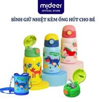 Bình nước cho bé giữ nhiệt đi học có ống hút Mideer Vacuum Insulated Bottle có quai đeo và cốc cao cấp - Túi Xanh Dinosaur