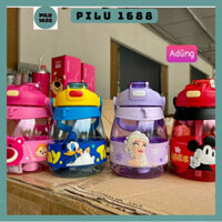 Bình nước cute nắp kín hoạt hình 1000ml, bình giữ nhiệt dung tích lớn cho bé kèm dây đeo