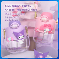 Bình nước cute Sanrio, bình đựng nước dễ thương, không mùi cho bé đi học bằng Tritan an toàn có ống hút và quai đeo