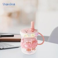 Bình nước dễ thương có ống hút và miếng dán cho bé gái