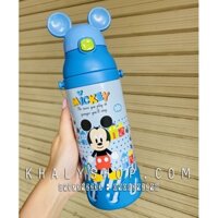 Bình nước giữ nhiệt 2 nắp hình chuột Mickey màu xanh viền silicon cho trẻ em, các bé, học sinh - (500ml)