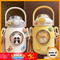 Bình nước giữ nhiệt 700ML inox 316 họa tiết cute, bình giữ nhiệt cho bé có dây đeo tặng kèm sticker 3D, bộ rửa bình E172