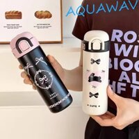 Bình Nước Giữ Nhiệt AQUAWAV, Bình Giữ Nhiệt Màu Hồng Đen 500ml, Kawaii Bounce Nắp Có Thể Gập Lại Vòng Tay Cầm Kín Bình Giữ Nhiệt Sinh Viên